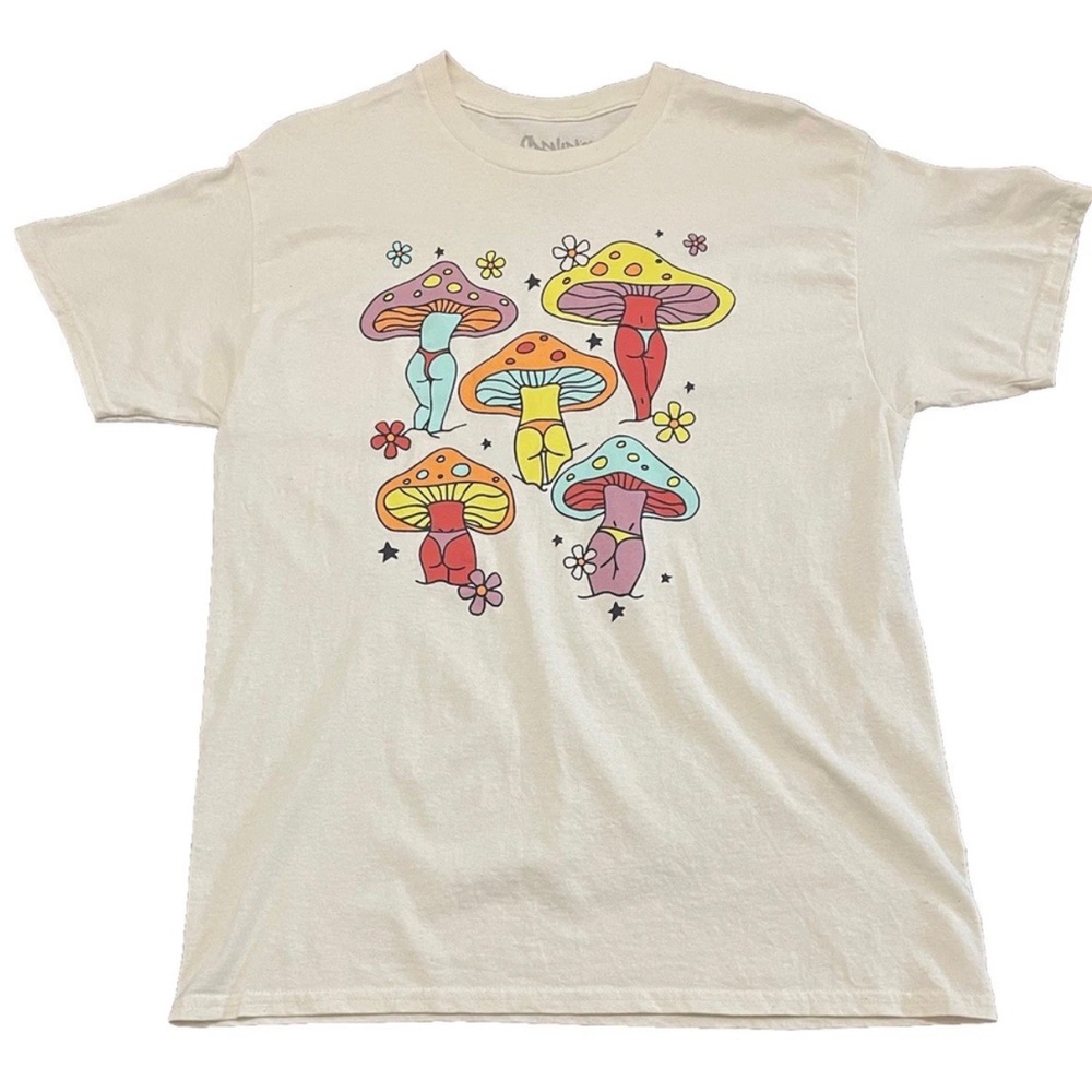 Spencer’s Unisex LARGE Graphic T-Shirt Trippy Shroom Mushroom Bikini Women Funny